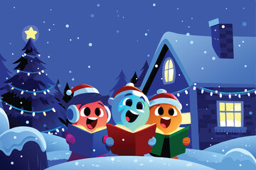 Cheerful cartoon characters, diverse and vibrant, joyfully singing Christmas carols together.  Illustrative style, festive backdrop.