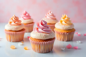 sweet cupcakes decorated with sugar paste and cream.