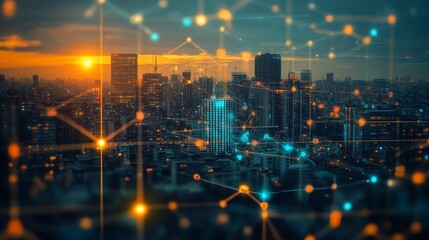 Obraz premium Connected Cityscape at Sunset: A Digital Network Overlay on Urban Skyline