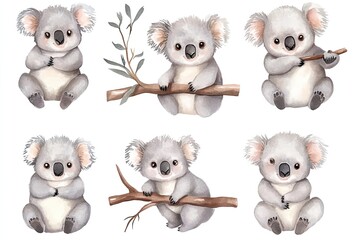 Obraz premium Set of watercolor cute koalas hand drawn on a white background