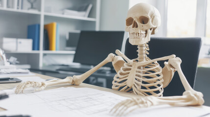 skeleton sitting at desk, waiting for annual review in office setting. scene captures humorous take on passage of time and anticipation of feedback