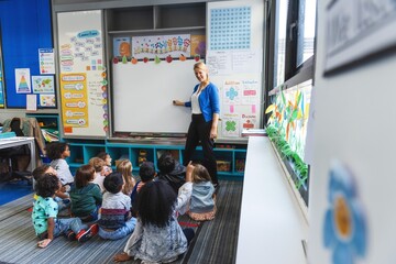 A teacher in a classroom with diverse children sitting on the floor. The teacher stands by a...