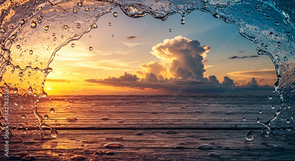 Poster a beautiful ocean view with a sunset in the background