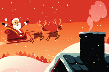 A cheerful cartoon Santa Claus and his flying reindeer gracefully landing on a snowy rooftop, Christmas lights twinkling.