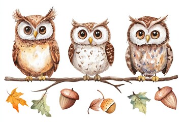 Naklejka premium Set of watercolor cute woodland owls and acorns hand drawn on white background