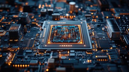 Obraz premium Artificial intelligence cyberspace and data network concept. Close-up view of a microprocessor on a circuit board.