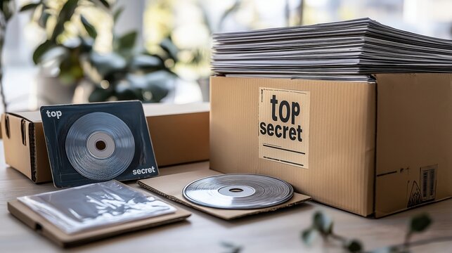 Files and disks marked top secret in a cardboard box on a desk with copy space for additional content