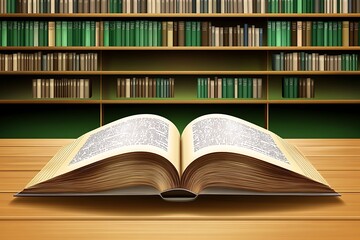 Fototapeta premium Open book on a table in a library with shelves full of books background