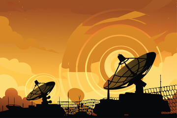 A detailed image of a military radar station, showcasing large rotating radar dishes against a dramatic sky.  Show intricate details of the antennas and surrounding structures.