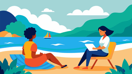 A peaceful beach with the sound of crashing waves in the background while a the and their client engage in art therapy.. Vector illustration