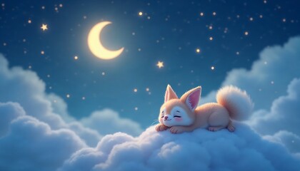 Cute Fox Sleeping on Cloud Under Moonlit Starry Night Sky