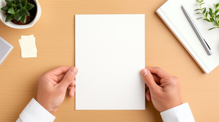 Minimalist Composition Featuring a Blank White Card on a Wooden Table With Symbolic Items for Women's History Month