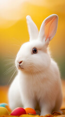 Obraz premium White Rabbit Exploring a Meadow With Easter Lilies and Colorful Eggs Under Gentle Sunlight