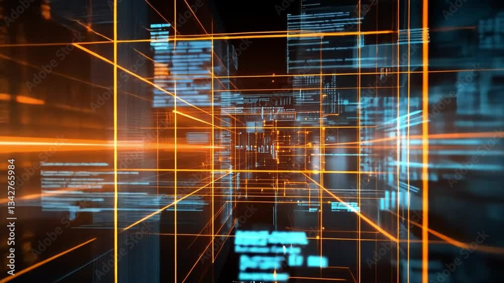 Poster futuristic digital data flow glowing lines and grids in vibrant landscape of technology and innovati