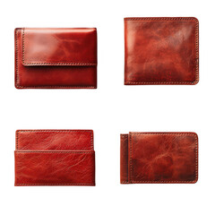 Four Beautifully Crafted Brown Leather Wallets Isolated On Transparent Background In Various Sizes
