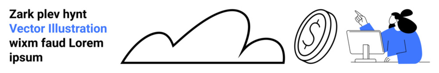 Abstract cloud line art, digital currency icon, person pointing at a computer screen. Ideal for cloud computing, technology, finance, cryptocurrency, data analysis, education simple landing page