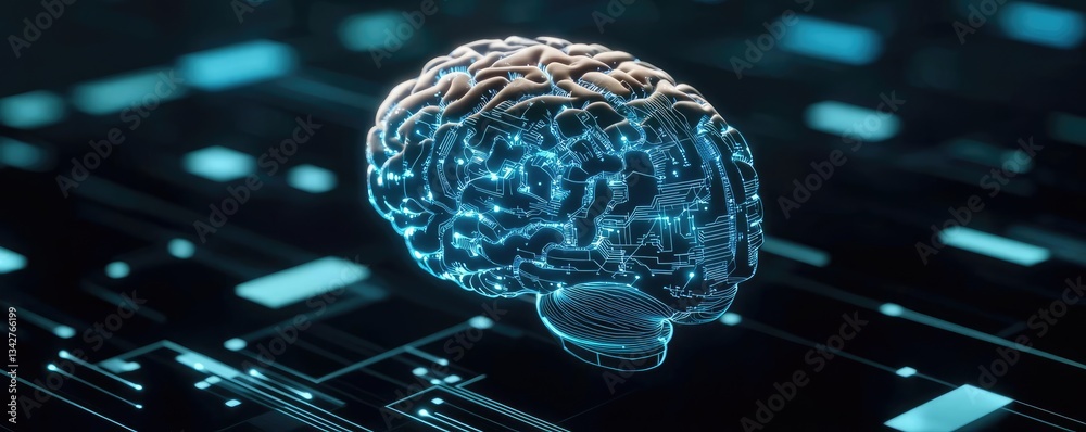 Poster artificial intelligence brain network and database concept. futuristic digital brain on a technology