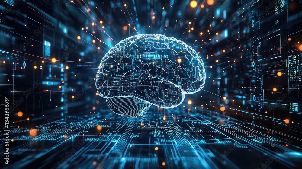 Poster artificial intelligence cyberspace and data network concept. futuristic digital brain in a tech-insp