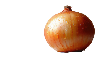 Fresh Onion with Water Droplets: A single, vibrant yellow onion glistening with water droplets against an isolated background, ready to add flavor to any dish. 