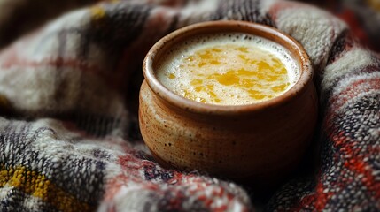 A chamomile honey soda in a rustic clay cup wrapped in thick plaid throw