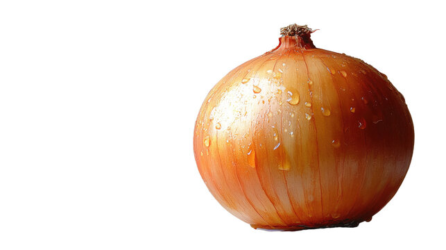 Fresh Onion with Water Droplets: A single, vibrant yellow onion glistening with water droplets against an isolated background, ready to add flavor to any dish. 