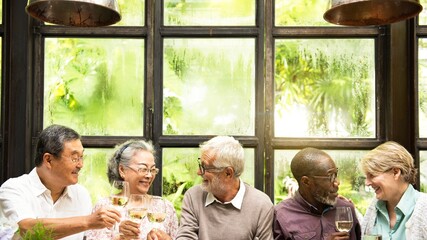 Group of diverse seniors enjoying meal together, smiling and toasting with wine glasses. Bright, cheerful atmosphere with large windows in the background. Senior people toasting with wine during lunch