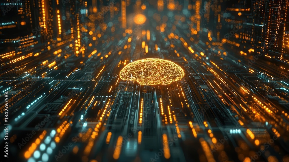 Poster artificial intelligence cyberspace and data network concept. abstract digital brain illuminated by v