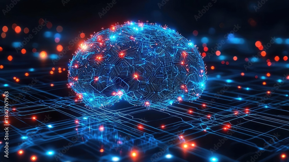 Poster artificial intelligence cyberspace and data network concept. futuristic digital brain with glowing c