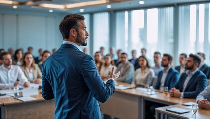 Confident businessman giving a presentation in front of crowd in meeting conference seminar room. Leadership authority teamwork in business concept