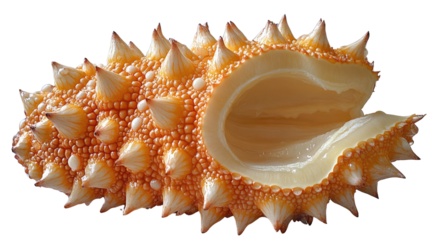 Horned Melon's Interior: Close-up captures the unique spiky exterior of a horned melon, sliced open to reveal its vibrant, edible interior