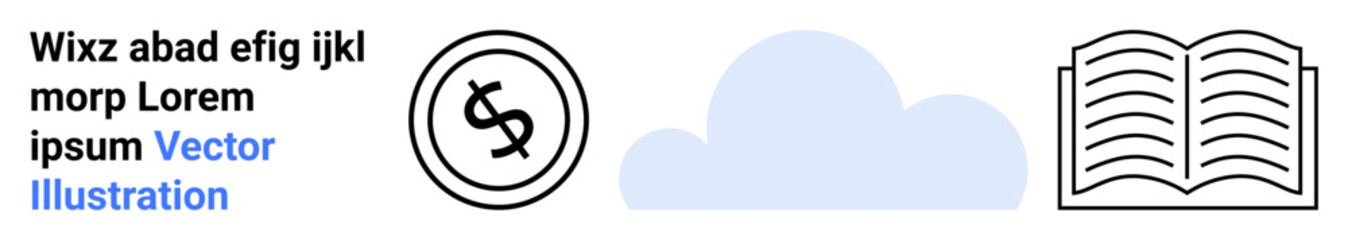 Circular dollar coin, light blue cloud silhouette, and an open book outline. Ideal for finance, knowledge, technology, education, creativity, minimalism abstract line flat metaphor