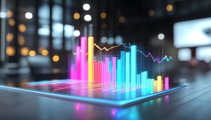 A colorful digital graph displays data trends on a sleek surface, showcasing vibrant bars and lines against a blurred, modern background.
