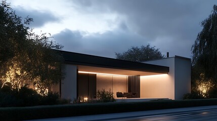 Modern House Exterior at Dusk with Warm Lighting and Cloudy Sky