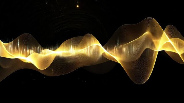 Golden sound waves create abstract visual rhythm, harmonizing light and dark energy in mesmerizing display of flowing lines and shimmering effects.