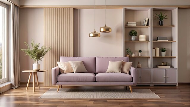 Minimalist Beige & Mauve Living Room Design: Pastel Pink Sofa, Art Wall, 3D Render