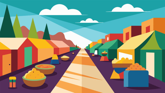 Rows of colorful tents line the streets selling artisanal cheeses olives and freshly baked pan amasado Chilean bread.. Vector illustration