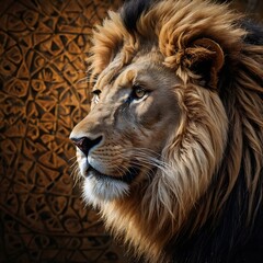 Naklejka premium Panthera leo Vereshchagini Depicted in Ancient Asian Art Style with Bold Geometric Mane Design