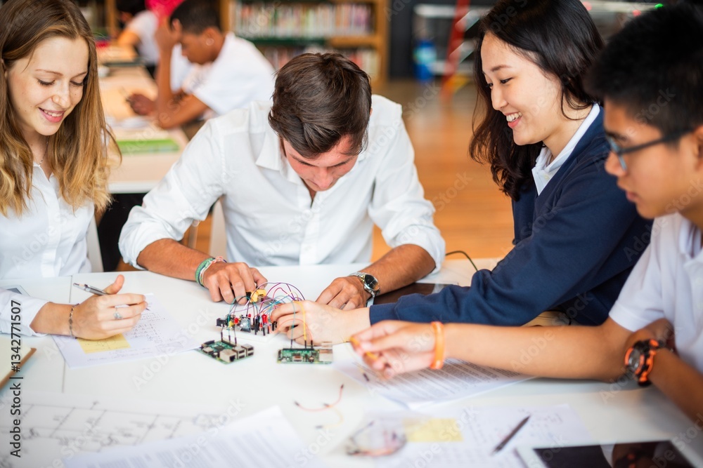 Aufkleber group of students working on electronics project. diverse group of young men and women focused on ci