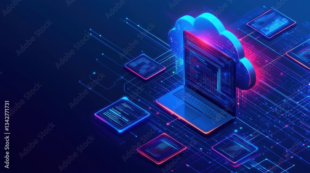 Poster digital cloud computing concept with laptop and data flow visualization