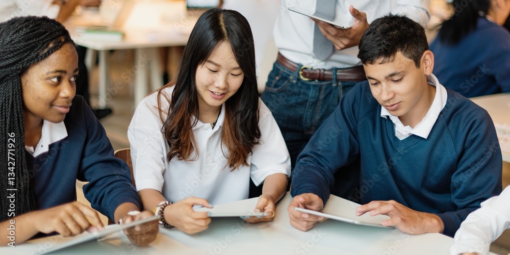 Poster diverse group of young students studying together, using tablets in a library. students collaboratin