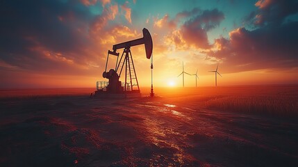 An oil pump jack and wind turbines stand in a wheat field at sunset, showing the energy shift