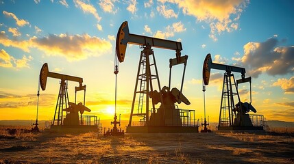 Naklejka premium An oil pump jack extracts oil at sunset, symbolizing fossil fuel extraction for global use