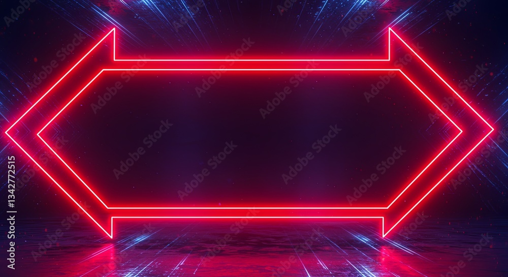 Poster a red and blue neon sign with two arrows pointing to the right