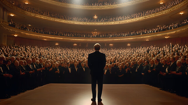 Award recipient standing proudly in front of a large crowd while receiving recognition under bright stage spotlight with joyful expression.