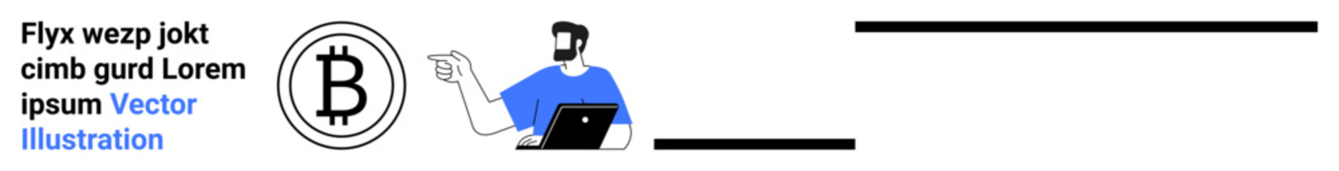 Man with beard using a laptop pointing at Bitcoin logo, representing cryptocurrency. Ideal for finance, digital currency, investment, blockchain, fintech, technology, and flat landing page banner