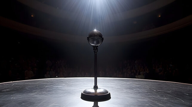 Classic microphone on a stage ready for an award recipient to share their inspiring speech under bright stage lighting and audience anticipation.
