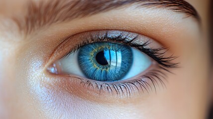 Obraz premium An open blue eye with eyelashes shows vision and health, representing ophthalmology
