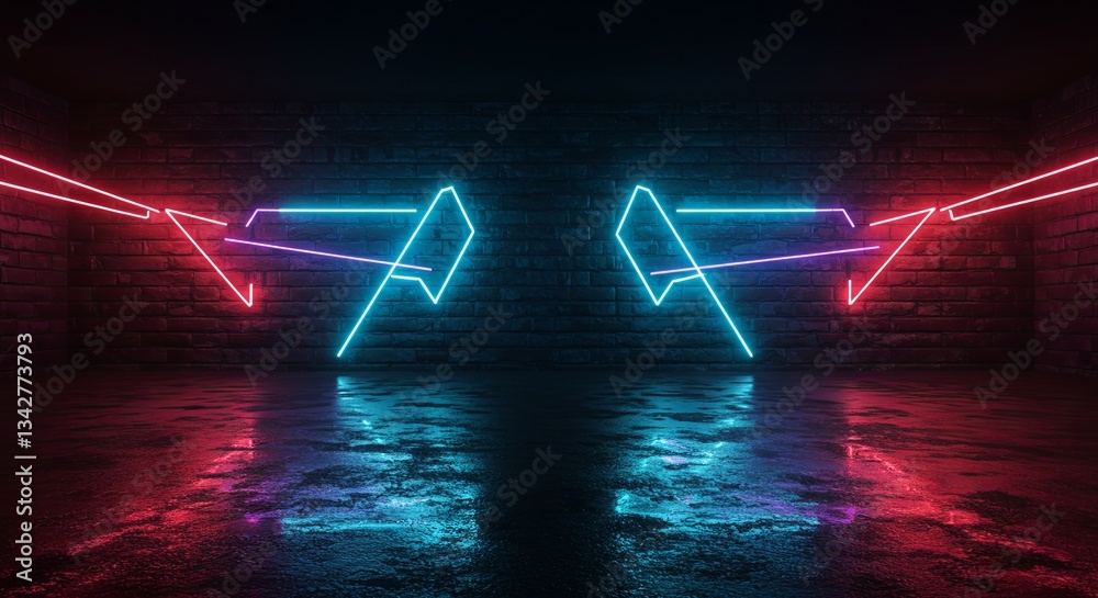 Poster the image is a neon sign that is lit up in red and blue