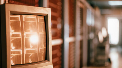 Abstract data patterns on glowing computer monitor in dimly lit room, symbolizing surveillance and data collection, with faint outlines of server racks in background.