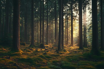 Sunlight filters through trees, creating ethereal forest scene for nature background